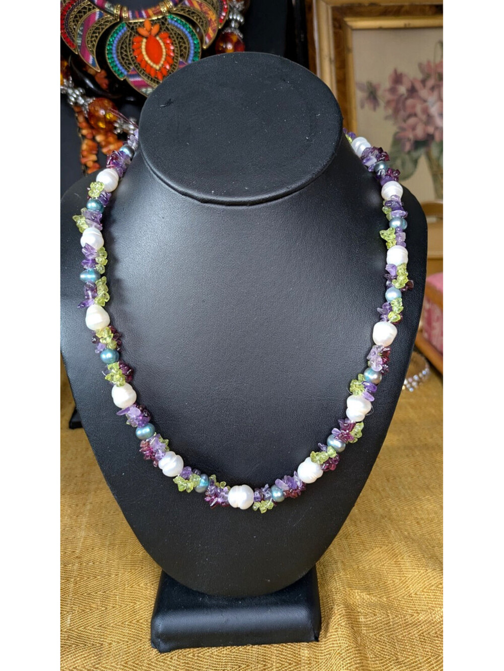 Freshwater Pearl Amethyst Peridot Necklace Artisan 925 Sterling Silver Clasp 18"